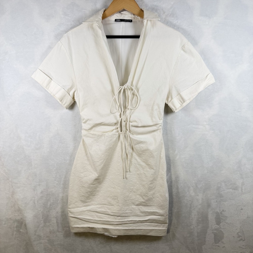 Zara Stretchy Linen Cotton Blend White Mini Dress V Neck Short Sleeve Size M